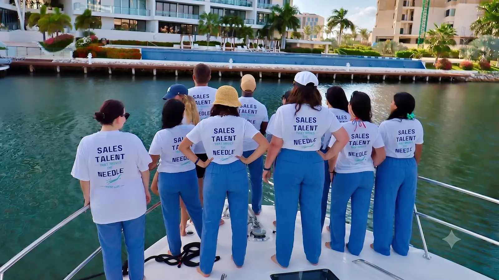 The Sellers Hub team together at the 2026 Cancun offsite, looking out over the water