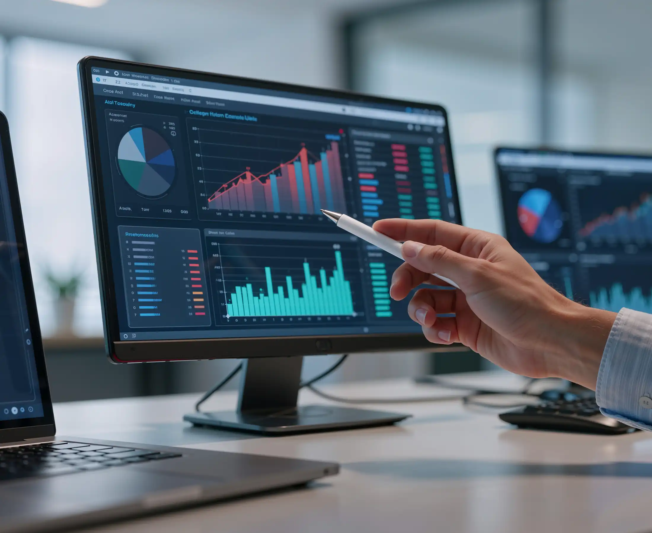 Person analyzing financial data on multiple screens